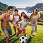 En energisk familie nyter utendørsaktiviteter i Vestfolds naturskjønne landskap, med fokus på fotball og friluftsliv.