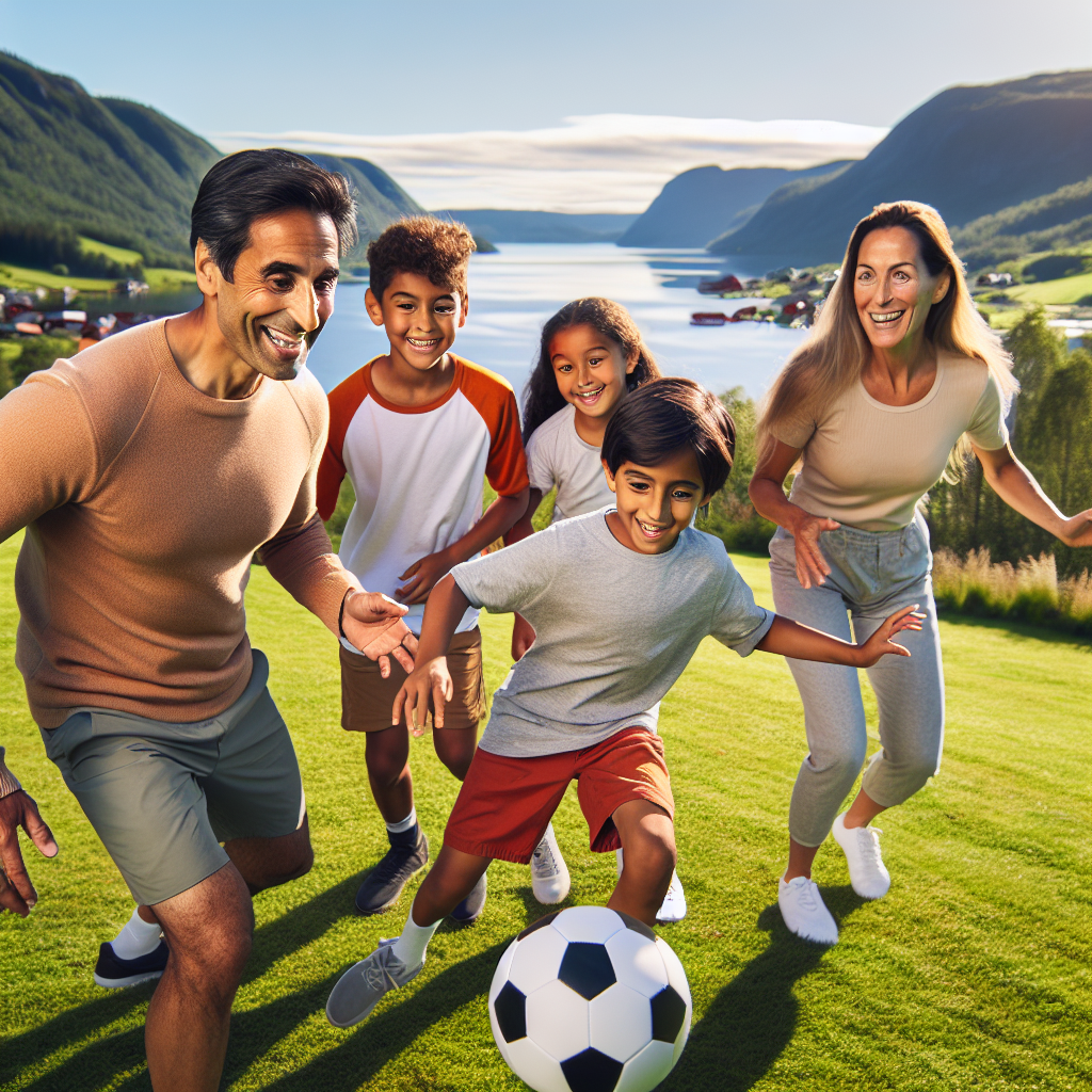 En energisk familie nyter utendørsaktiviteter i Vestfolds naturskjønne landskap, med fokus på fotball og friluftsliv.
