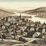 En panoramaudsigt over Larvik, med fokus på historiske bygninger og naturlandskaber