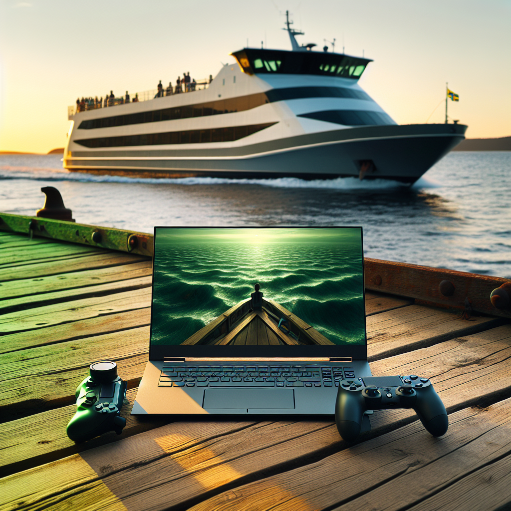 En bærbar spill-PC og gamepad på en tre-brygge ved kysten i Vestfold, myk solnedgang, grønt fargeskjær og en miljøvennlig ferge i bakgrunnen
