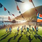 Barnelag spiller fotball på en grønn gressbane i Vestfold ved kysten, jubel, solskinn, lokale flagg og varm stemning