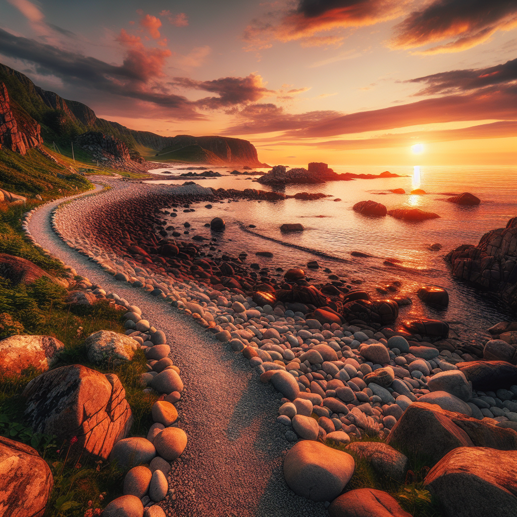 Panoramabilde av kyststi i Vestfold ved solnedgang: svaberg, rullestein, en enkel kyststi som snor seg langs havet, varm stemning og rolig hav