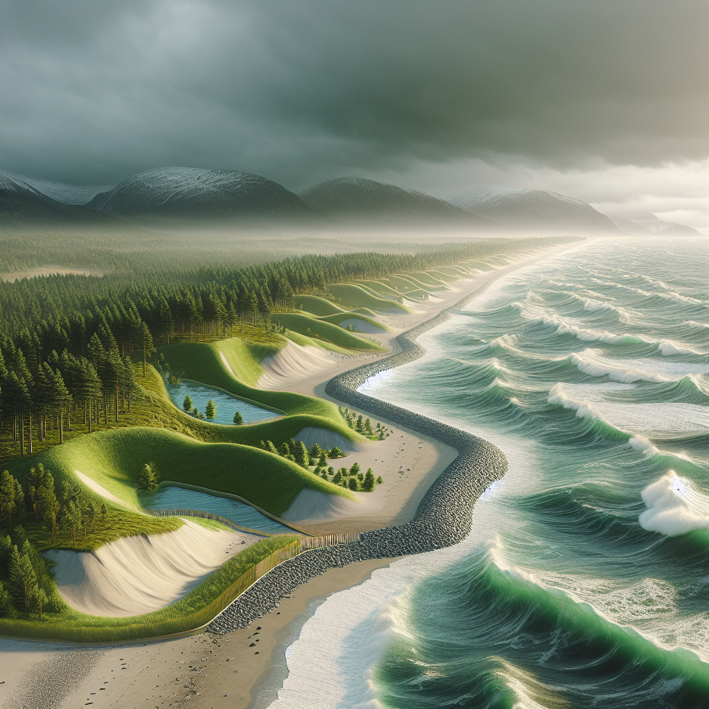 Kystlandskap i Vestfold med bølger, stormskyer i bakgrunnen og grønne tilpasningstiltak som sandvoll og nyplantede trær, realistisk fotografisk stil