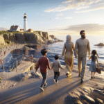 Fotorealistisk oversiktsbilde av Vestfold-kysten med familie som går på svaberg ved et fyr, blå himmel og varm kveldssol