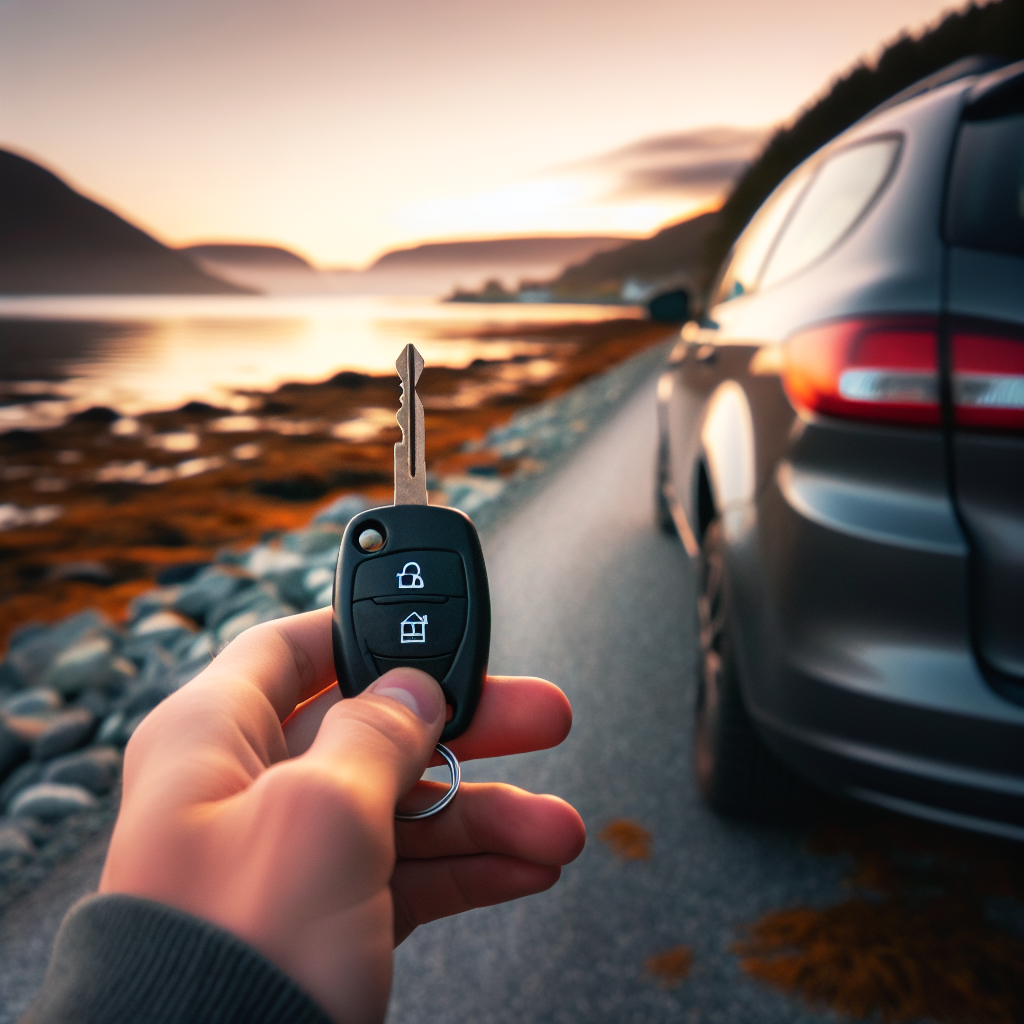 En brukt bil parkert ved kystveien i Vestfold med fjord i bakgrunnen, myk solnedgang, detalj av bilnøkkel og forhjul i forgrunnen