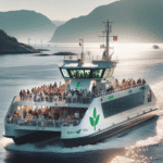 Elektrisk ferje ved norsk kyst i solskinn, passasjerer ser utover havet, grønn energi-symbol, moderne og rolig stemning