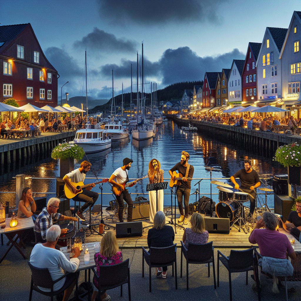 Folkelig kystnær kveldsscene i Vestfold med mennesker på uteservering, live-band på en liten scene og varme lys langs havna