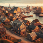 Oversiktsbilde av Larvik: historiske trehus ved kysten, gamle fabrikkbygninger i bakgrunnen, myk gyllen kystlysning, dokumentarisk stil