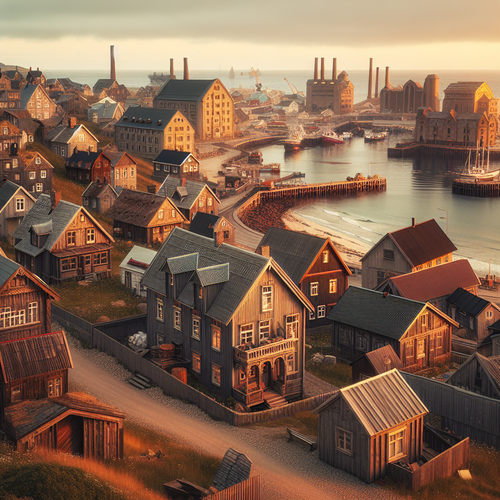 Oversiktsbilde av Larvik: historiske trehus ved kysten, gamle fabrikkbygninger i bakgrunnen, myk gyllen kystlysning, dokumentarisk stil