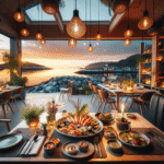 Koselig kystrestaurant i Larvik ved solnedgang, tallerkener med sjømat og lokale råvarer, varm atmosfære, moderne nordisk stil