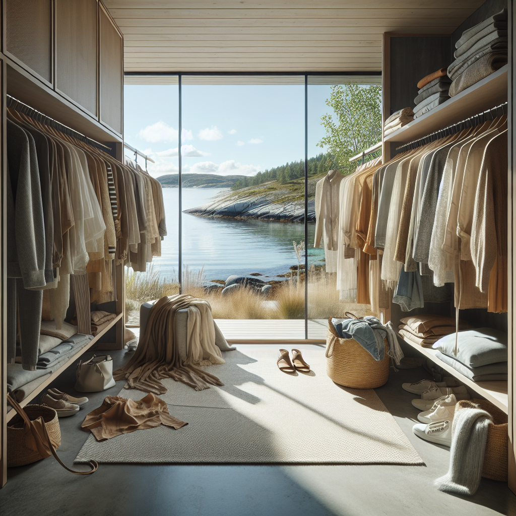 Stilfull kystnær garderobe: lag-på-lag klær hengende i et lyst, moderne klesrom med utsikt mot norsk kyst, naturlige fibre og brukte plagg i fokus
